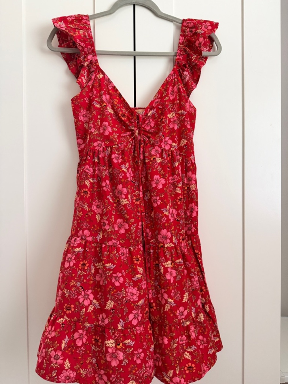 American Eagle Red Floral Sundress with Ruffle Straps
